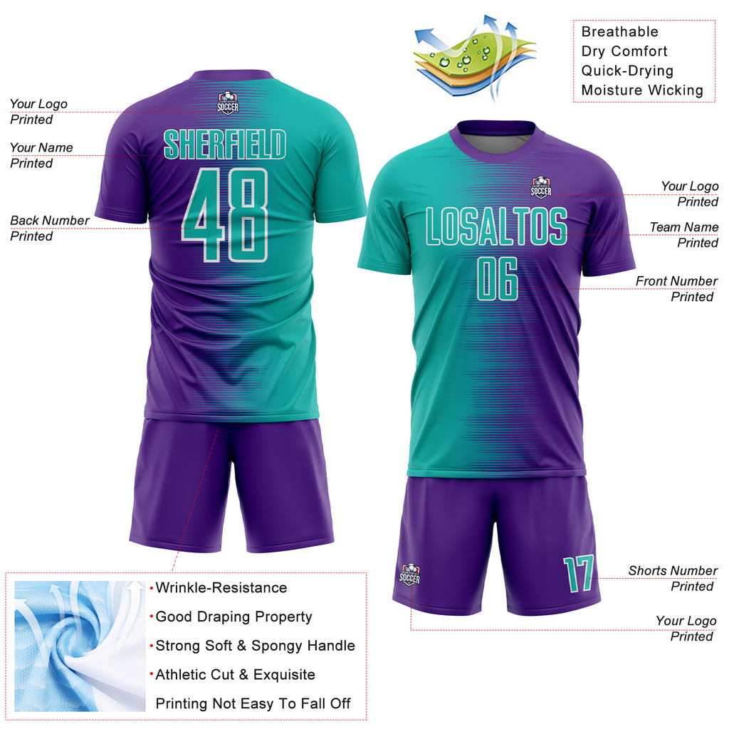 Custom Purple Aqua-White Gradient Line Sublimation Soccer Uniform Jersey