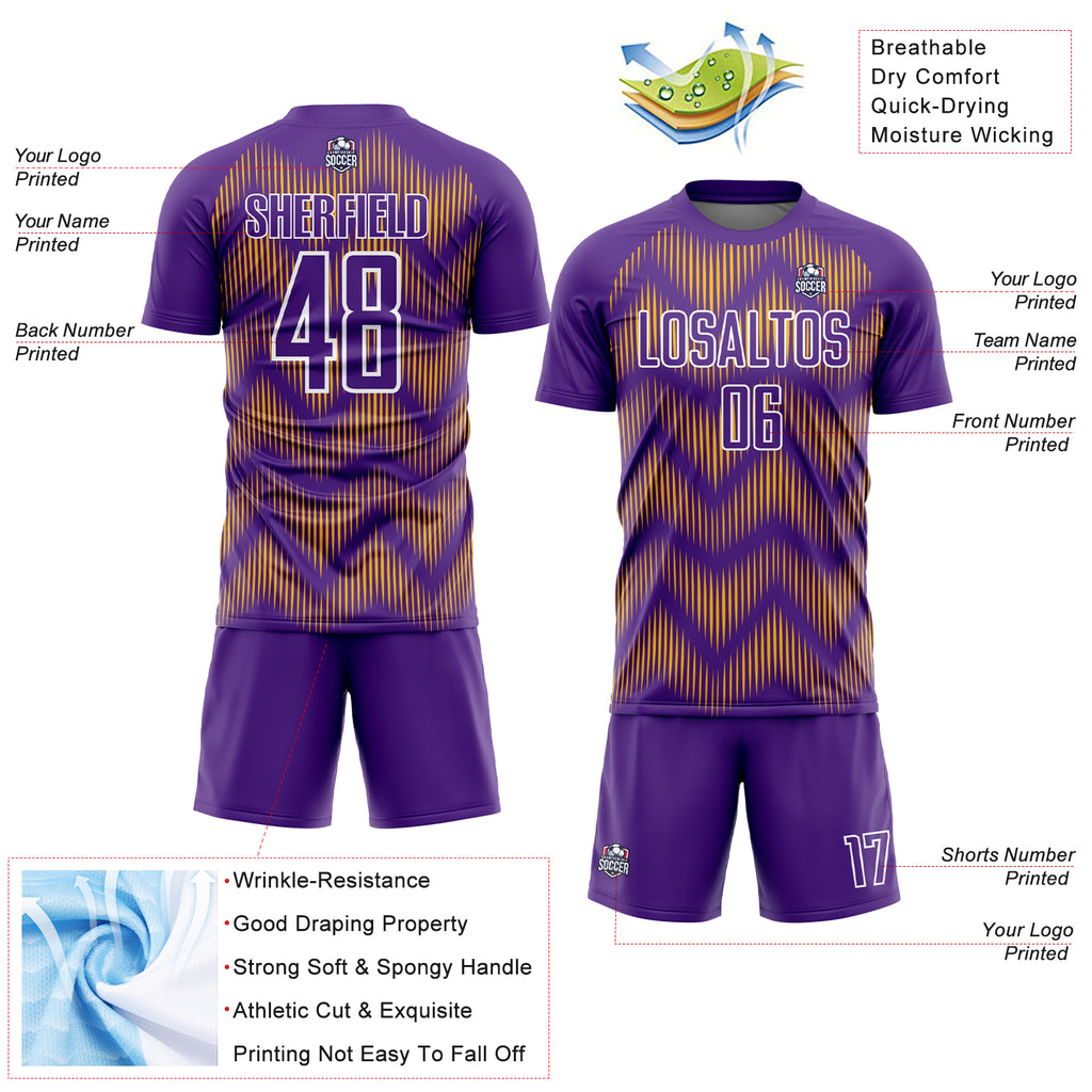 Custom Purple Gold-White Line Sublimation Soccer Uniform Jersey