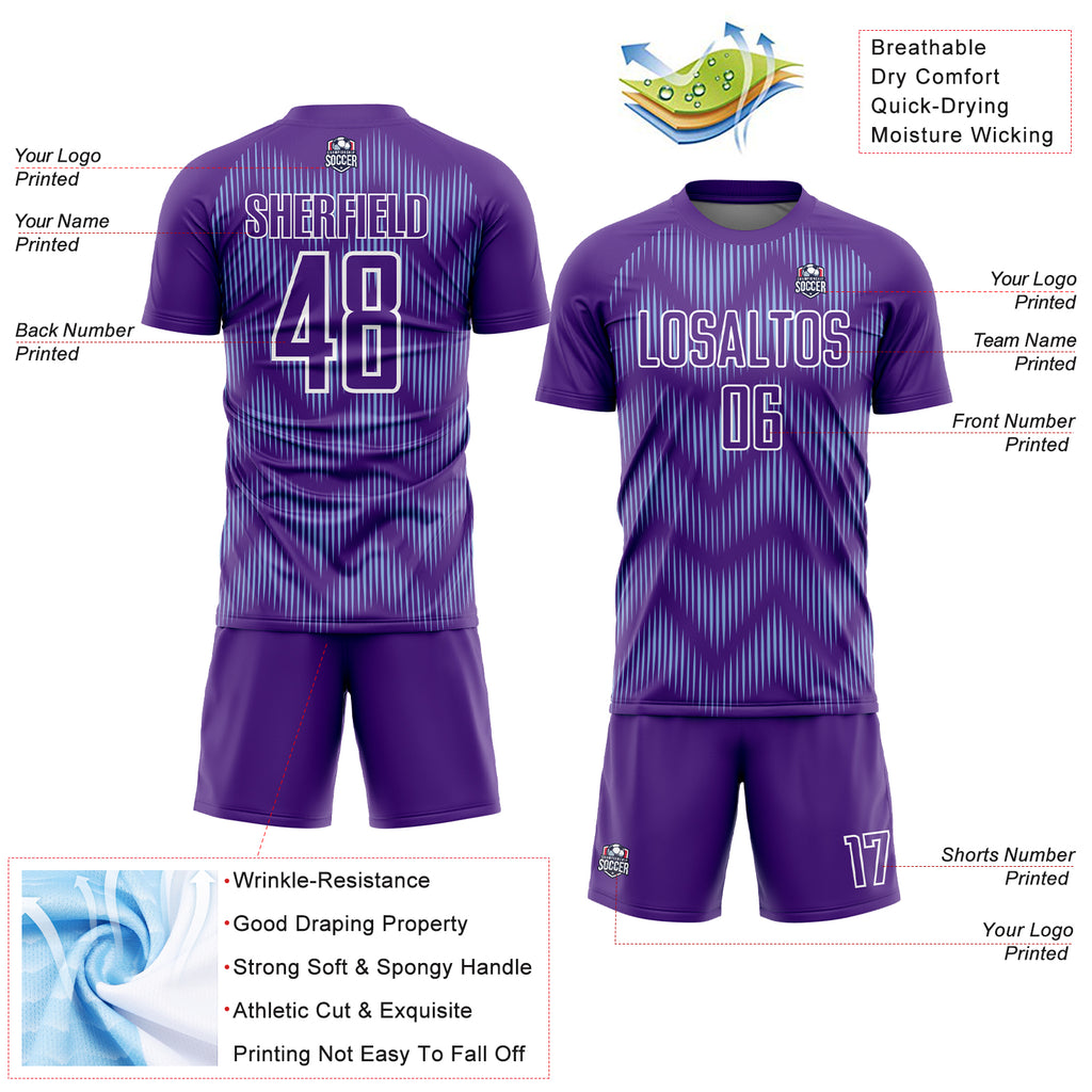 Custom Purple Light Blue-White Line Sublimation Soccer Uniform Jersey