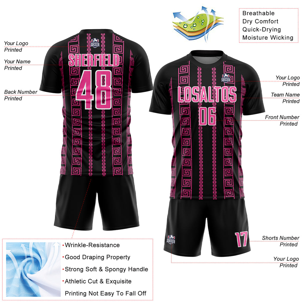 Custom Black Pink-White Geometric Shape Sublimation Soccer Uniform Jersey