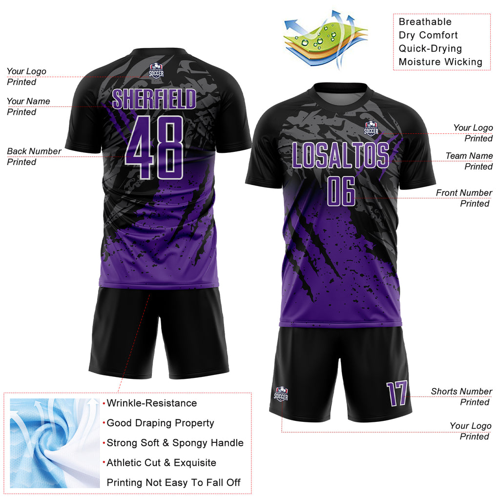 Custom Black Purple-White Gradient Scratch Splash Sublimation Soccer Uniform Jersey