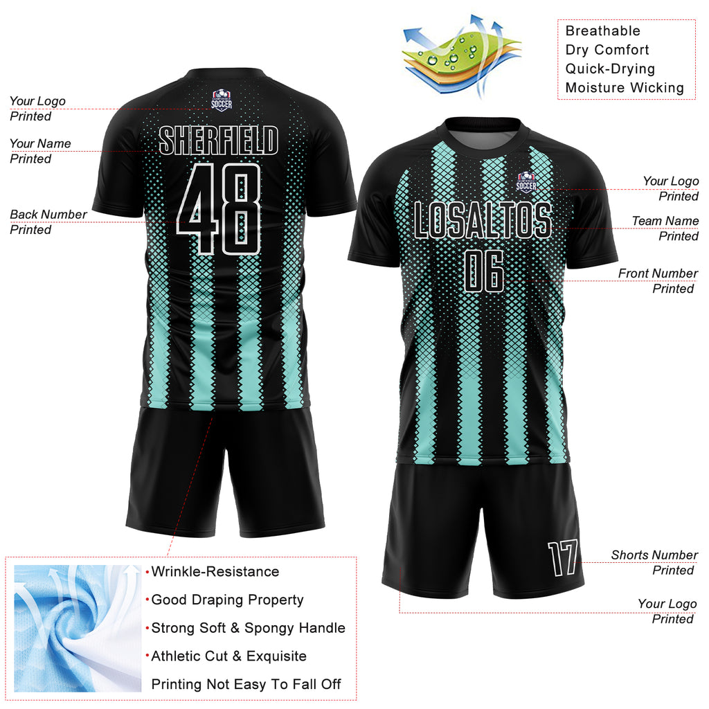 Custom Black Ice Blue-White Geometric Shape Sublimation Soccer Uniform Jersey