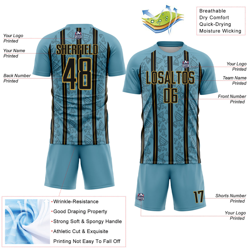 Custom Shadow Blue Black-Old Gold Stripe Line Sublimation Soccer Uniform Jersey