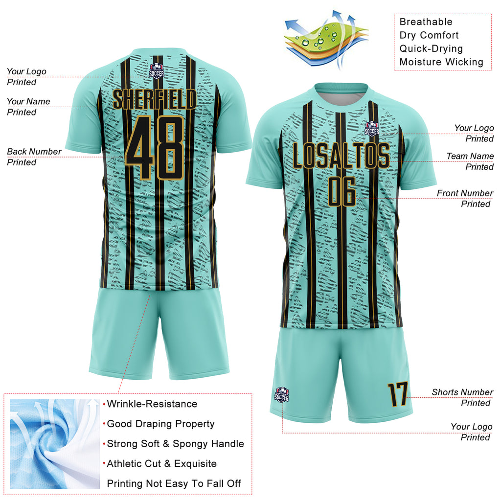 Custom Ice Blue Black-Old Gold Stripe Line Sublimation Soccer Uniform Jersey