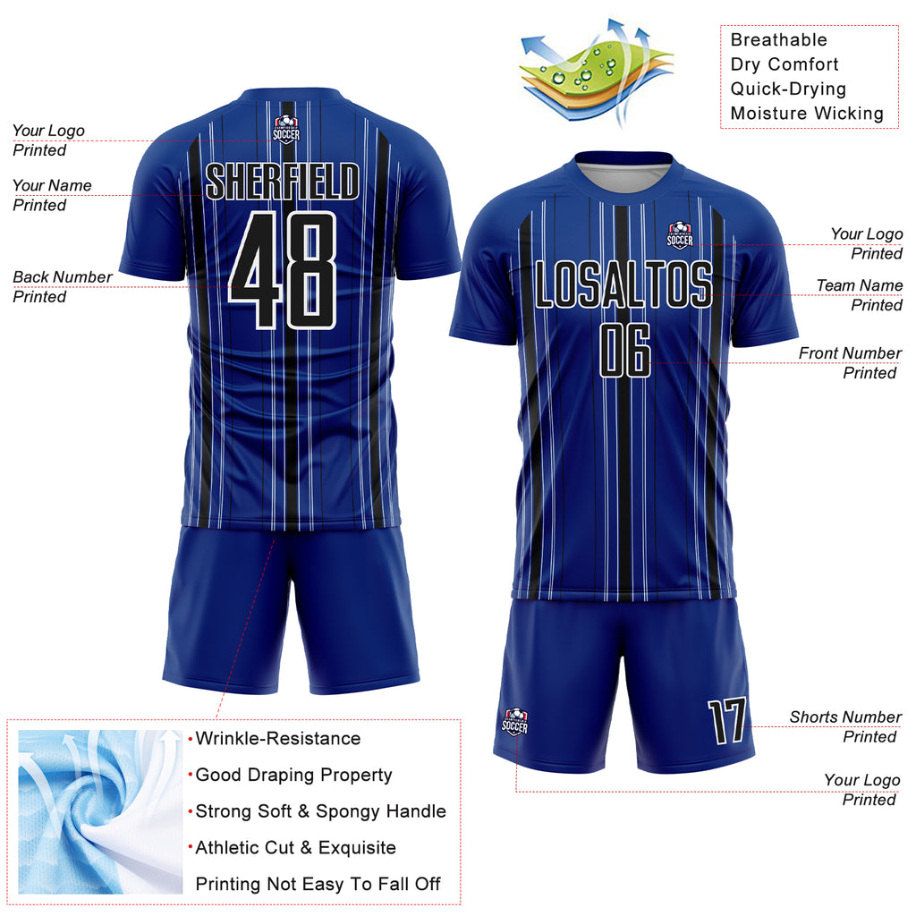 Custom Royal Black-White Stripe Sublimation Soccer Uniform Jersey