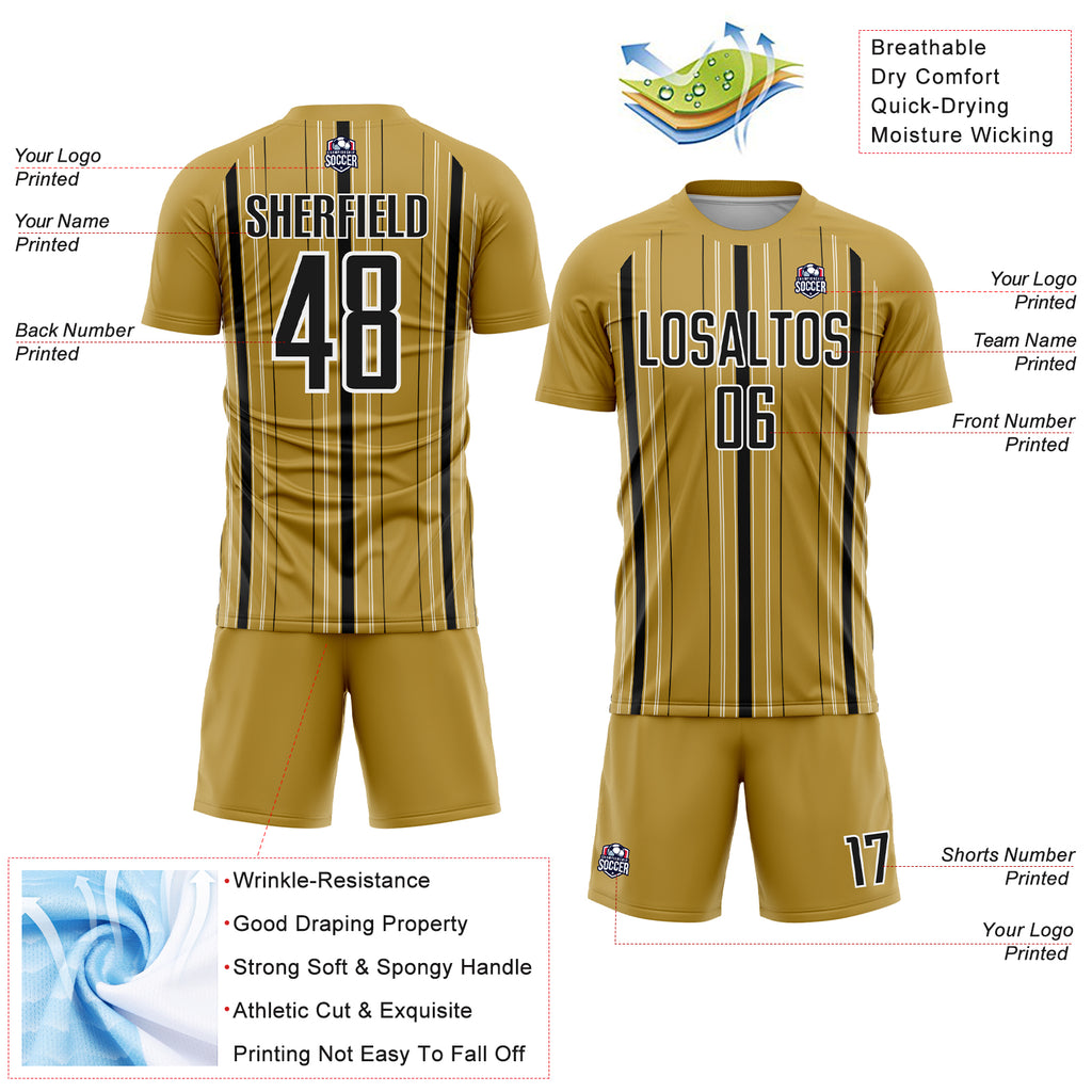 Custom Old Gold Black-White Stripe Sublimation Soccer Uniform Jersey