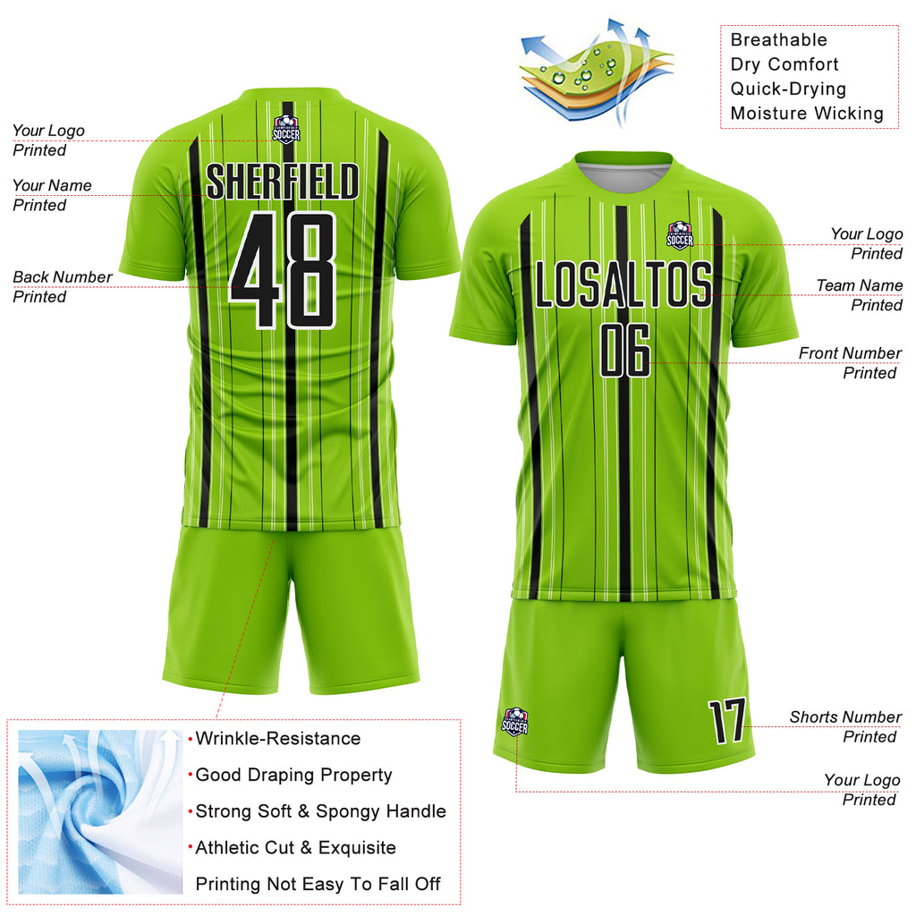 Custom Neon Green Black-White Stripe Sublimation Soccer Uniform Jersey