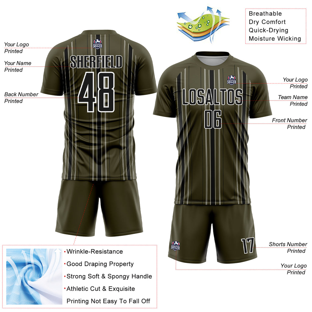 Custom Olive Black-White Stripe Sublimation Salute To Service Soccer Uniform Jersey