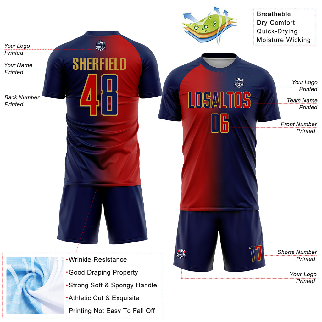 Custom Navy Red-Old Gold Sublimation Gradient Fashion Soccer Uniform Jersey