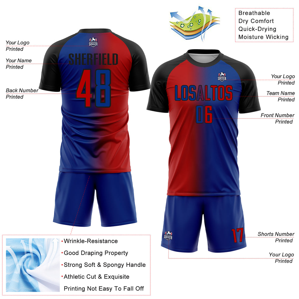 Custom Royal Red-Black Sublimation Gradient Fashion Soccer Uniform Jersey