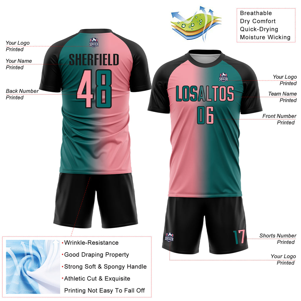 Custom Teal Medium Pink-Black Sublimation Gradient Fashion Soccer Uniform Jersey