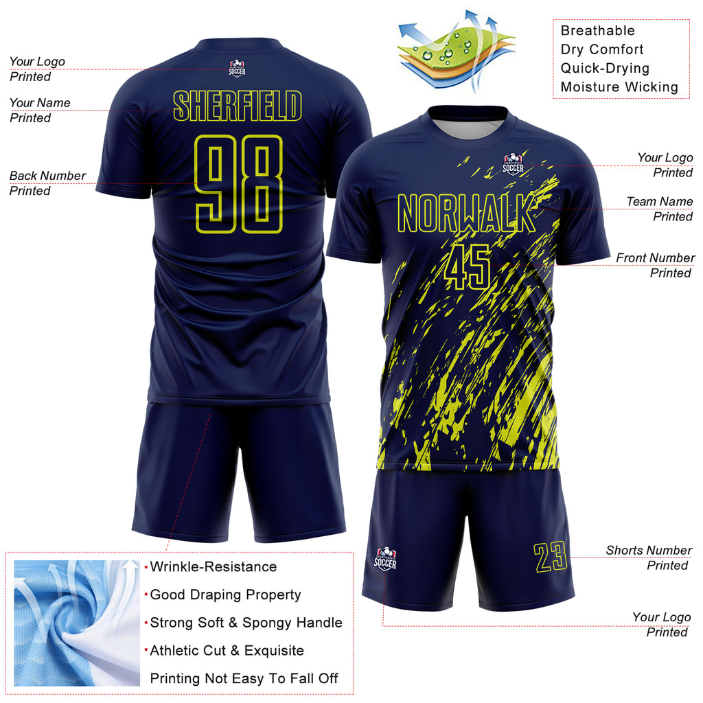 Custom Navy Neon Yellow Splash Sublimation Soccer Uniform Jersey