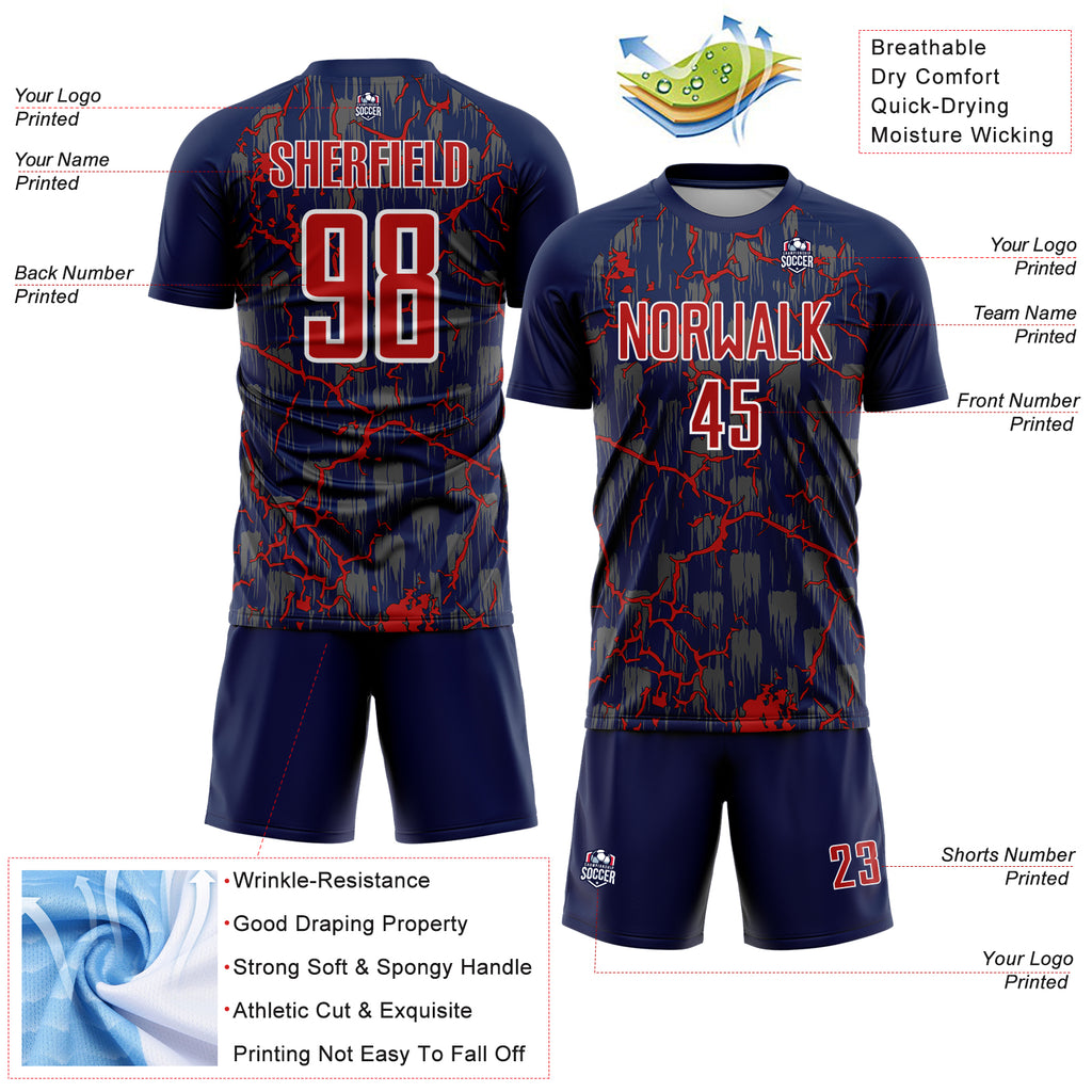 Custom Navy Red-White Lightning Sublimation Soccer Uniform Jersey