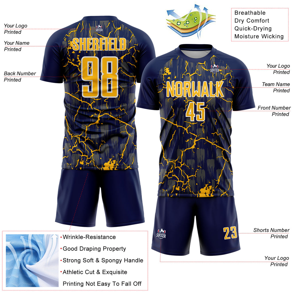 Custom Navy Gold-White Lightning Sublimation Soccer Uniform Jersey