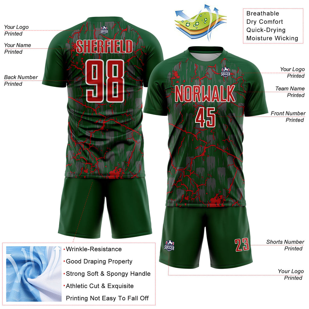 Custom Green Red-White Lightning Sublimation Soccer Uniform Jersey