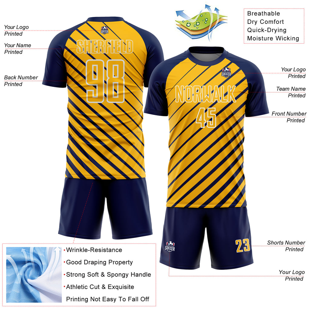 Custom Navy Gold-White Lines Sublimation Soccer Uniform Jersey