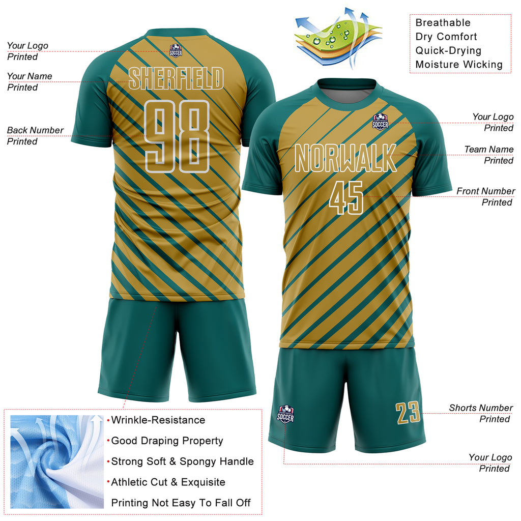 Custom Teal Old Gold-White Lines Sublimation Soccer Uniform Jersey