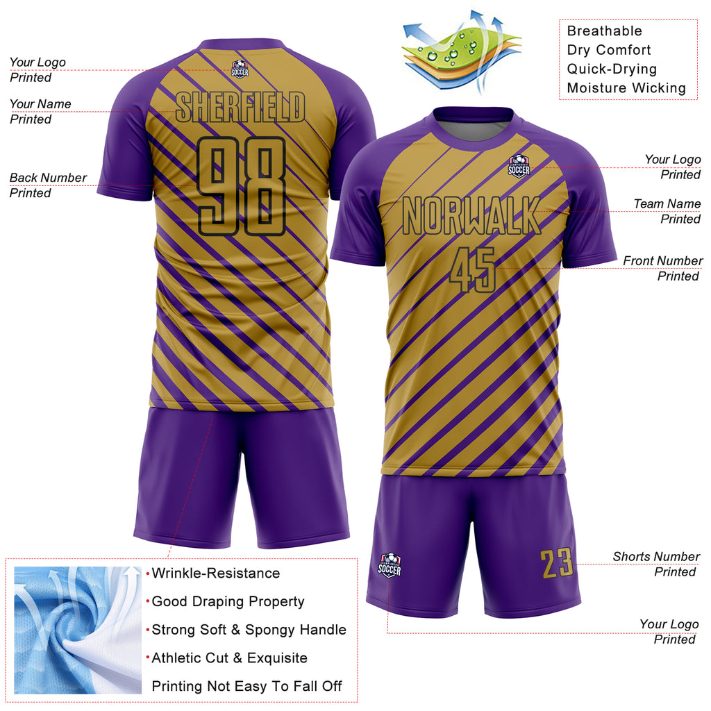 Custom Purple Old Gold-Black Lines Sublimation Soccer Uniform Jersey