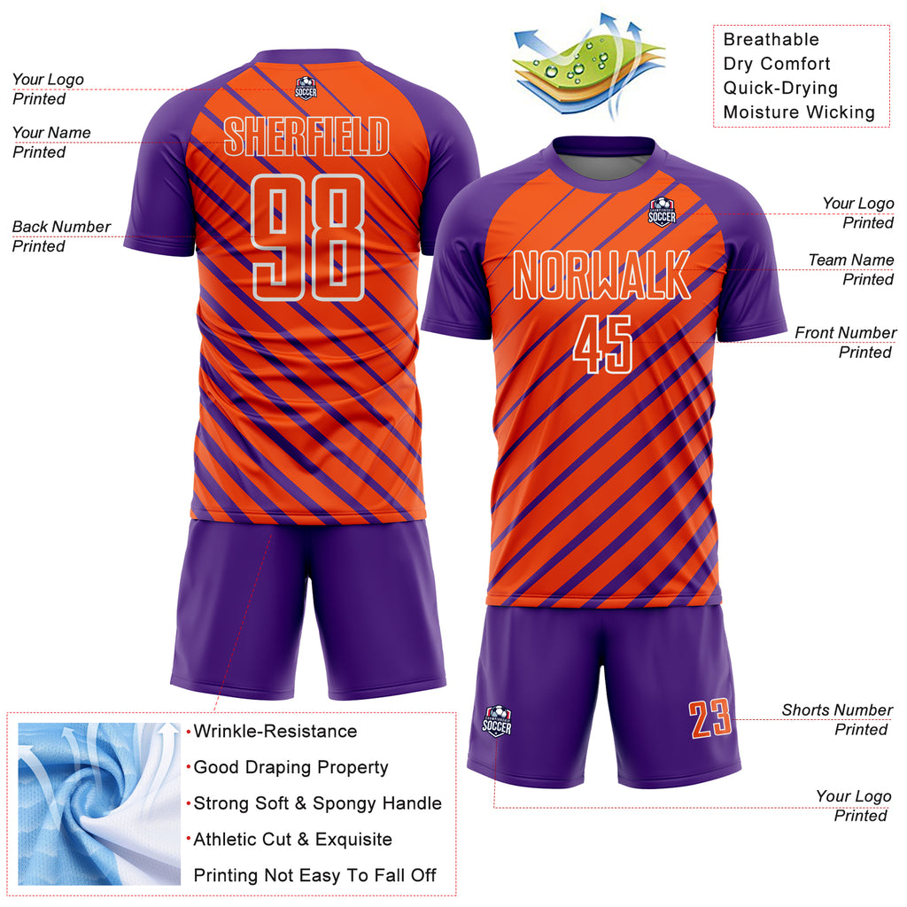 Custom Purple Orange-White Lines Sublimation Soccer Uniform Jersey