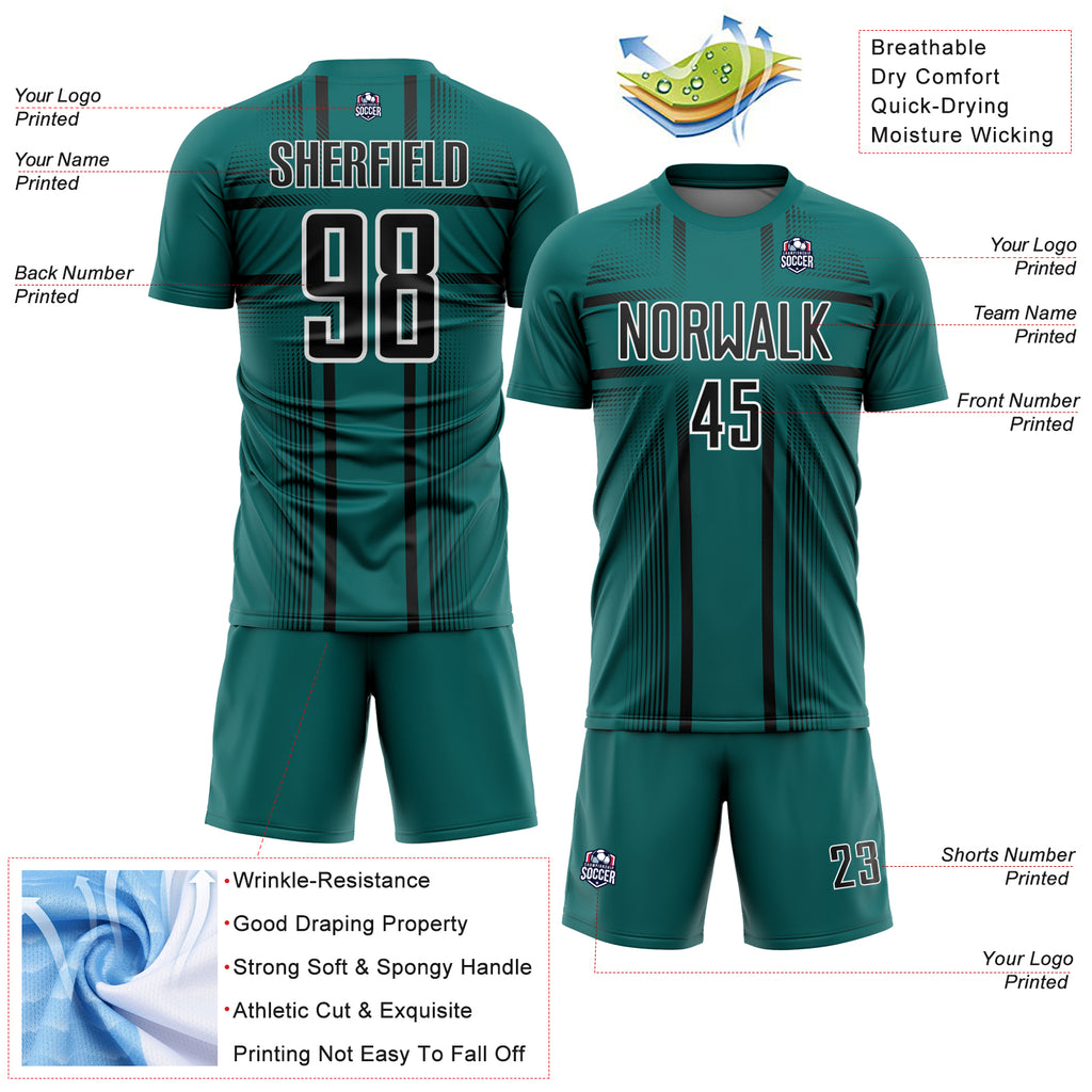Custom Teal Black-White Lines Sublimation Soccer Uniform Jersey