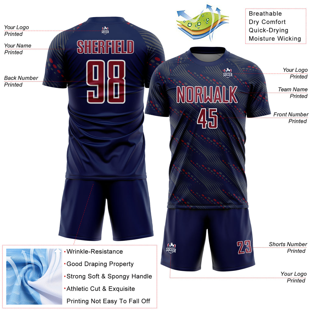 Custom Navy Crimson-White Slant Lines Sports Sublimation Soccer Uniform Jersey