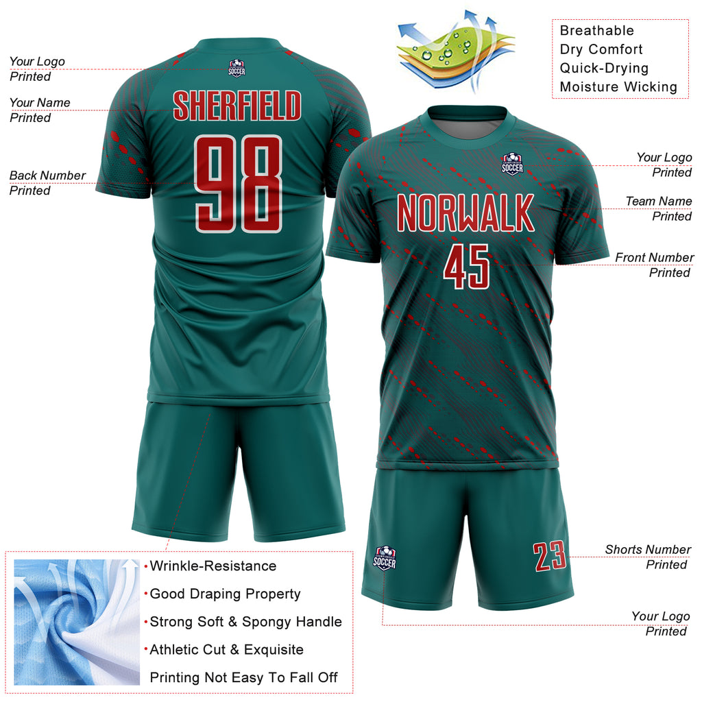Custom Teal Red-White Slant Lines Sports Sublimation Soccer Uniform Jersey