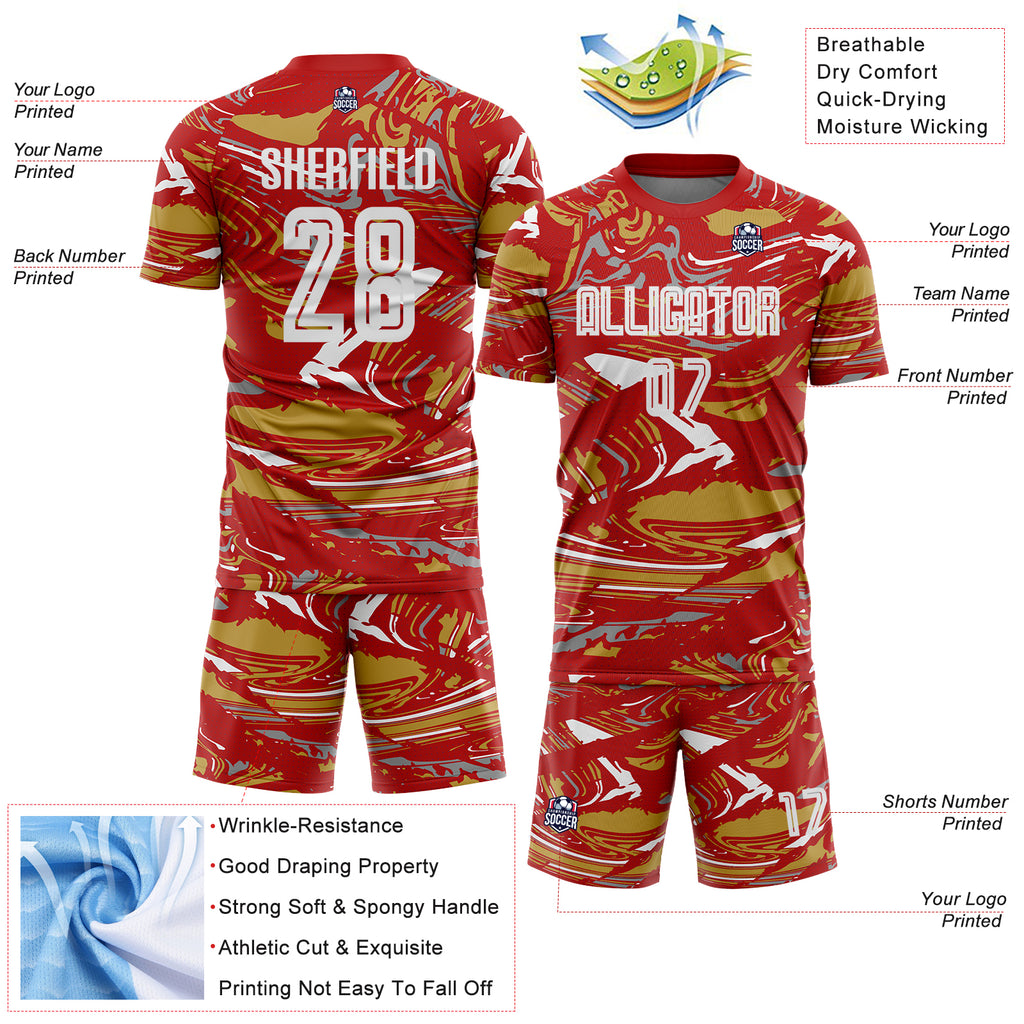Custom Figure White Red-Old Gold Fluid Art Splash Sublimation Soccer Uniform Jersey