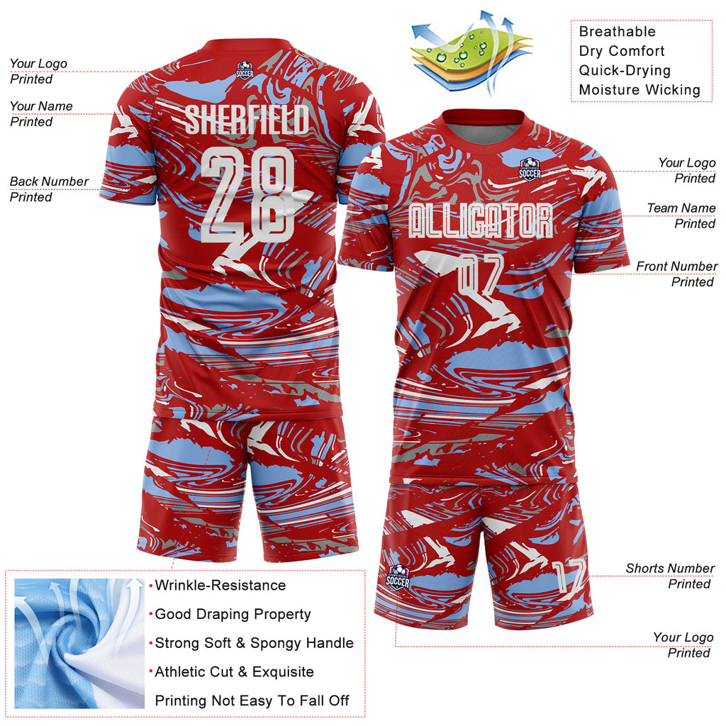 Custom Figure White Red-Light Blue Fluid Art Splash Sublimation Soccer Uniform Jersey