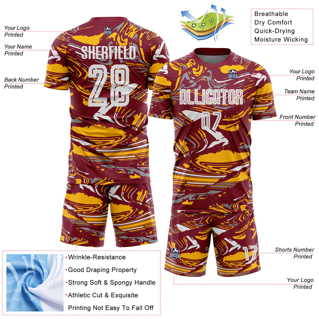 Custom Figure White Crimson-Gold Fluid Art Splash Sublimation Soccer Uniform Jersey