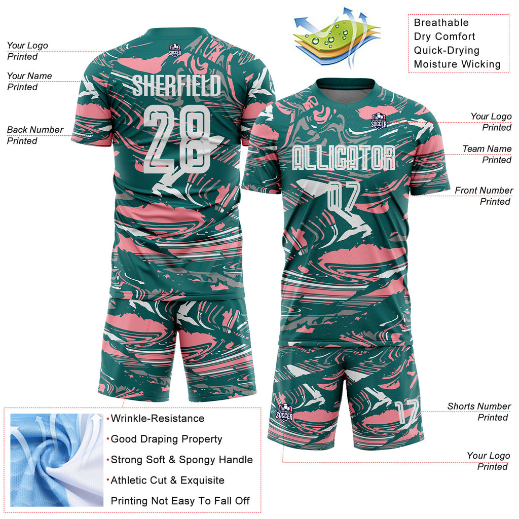 Custom Figure White Teal-Medium Pink Fluid Art Splash Sublimation Soccer Uniform Jersey