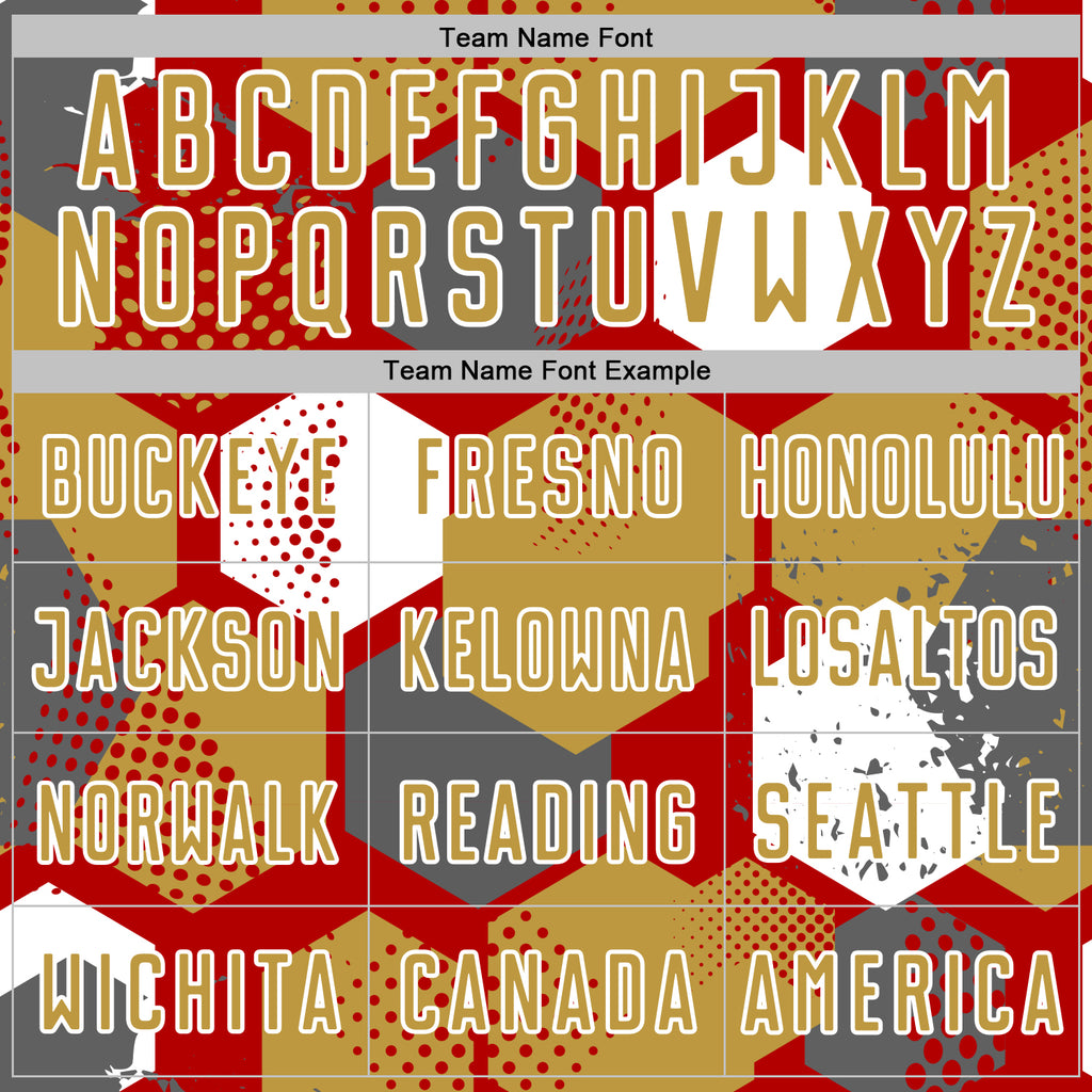 Custom Red Old Gold-White Geometric Shape Sublimation Soccer Uniform Jersey