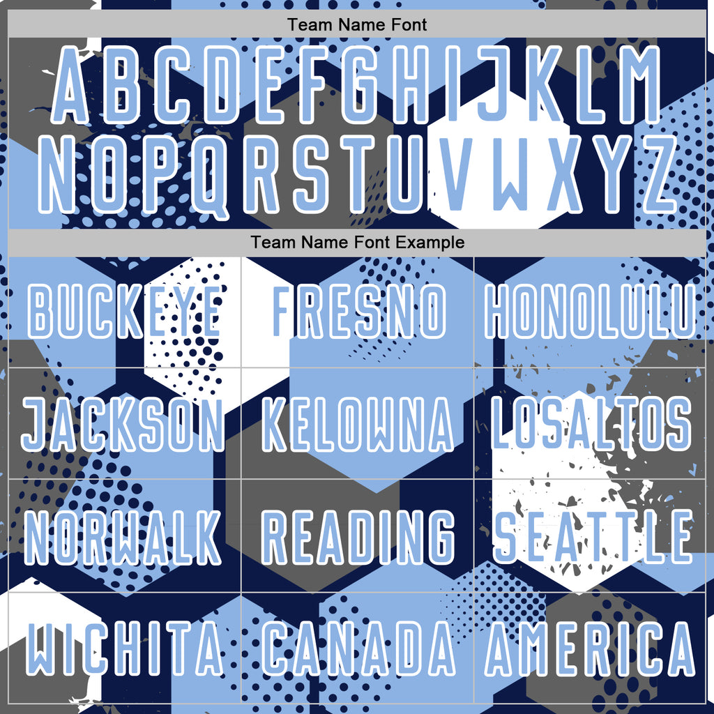 Custom Navy Light Blue-White Geometric Shape Sublimation Soccer Uniform Jersey