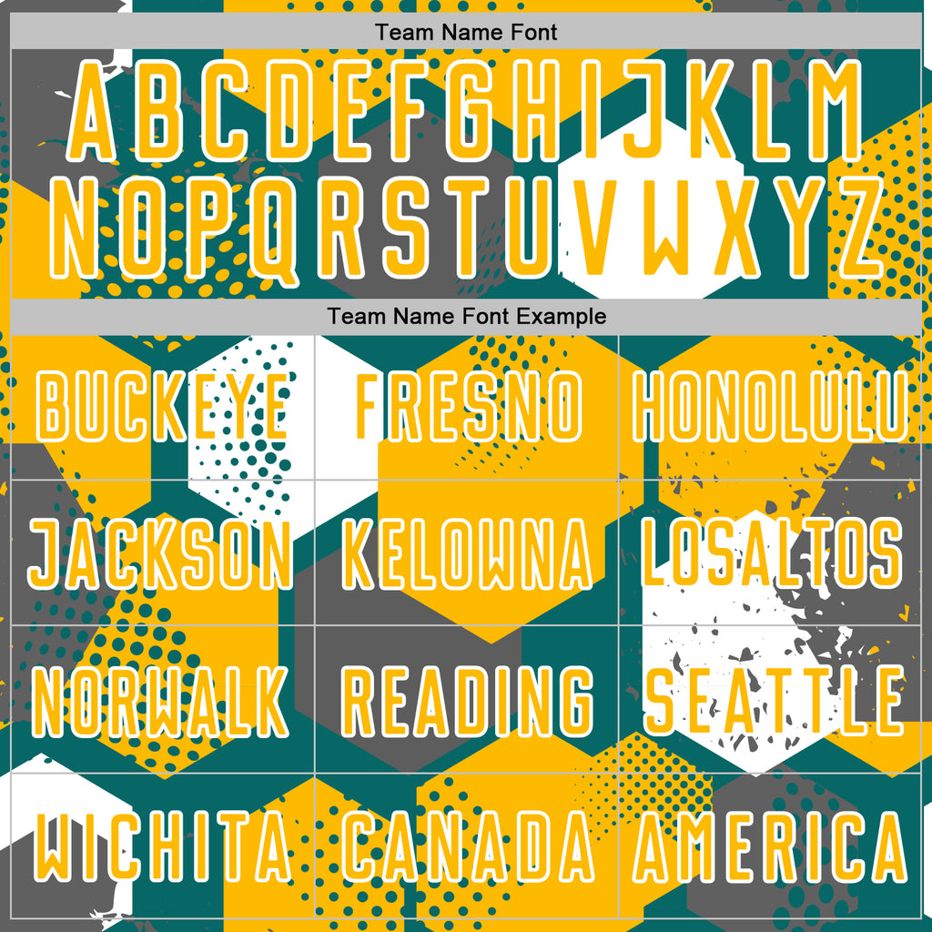 Custom Teal Gold-White Geometric Shape Sublimation Soccer Uniform Jersey
