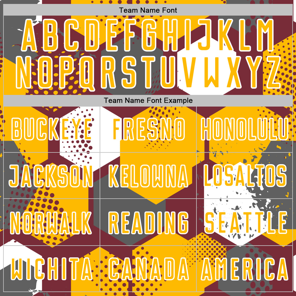 Custom Burgundy Gold-White Geometric Shape Sublimation Soccer Uniform Jersey