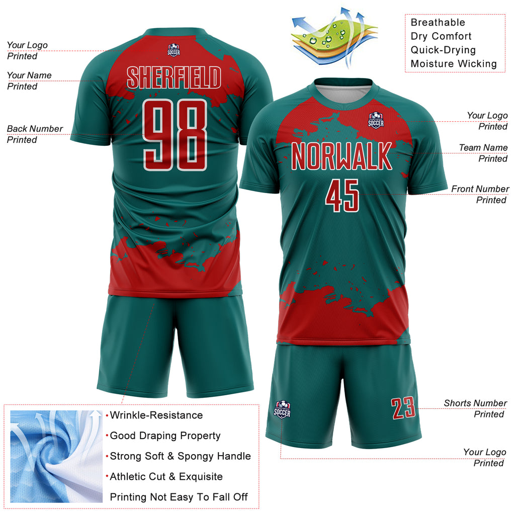 Custom Teal Red-White Abstract Fragment Art Sublimation Soccer Uniform Jersey