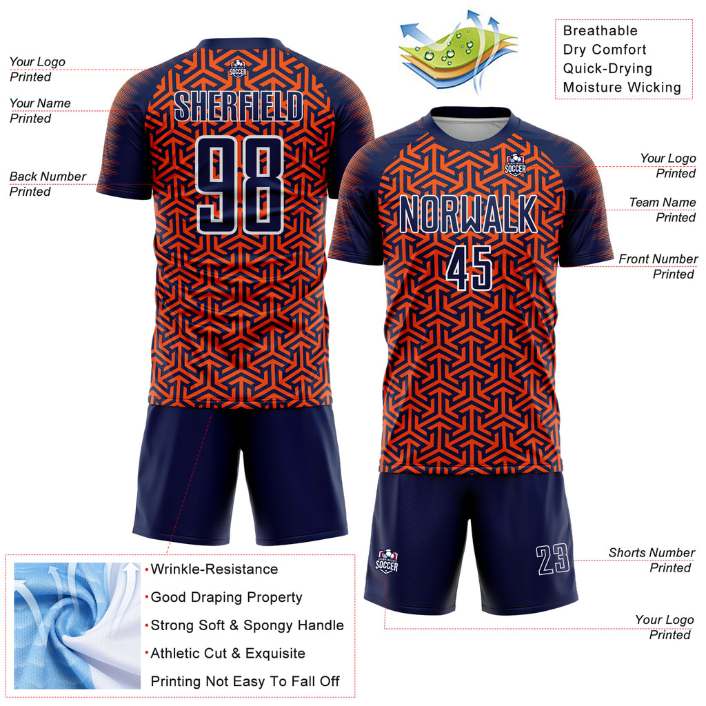 Custom Navy Orange-White Geometric Arrow Sublimation Soccer Uniform Jersey