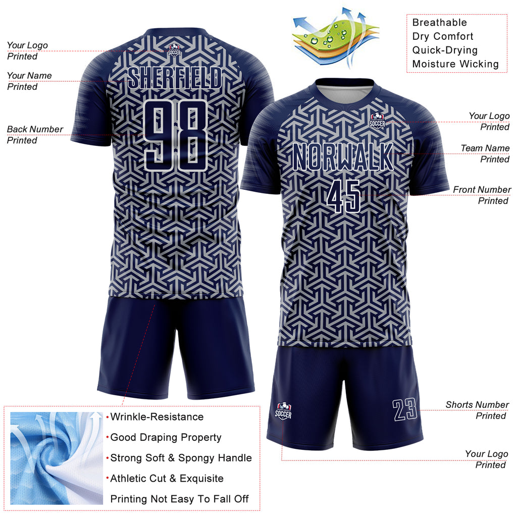 Custom Navy Gray-White Geometric Arrow Sublimation Soccer Uniform Jersey