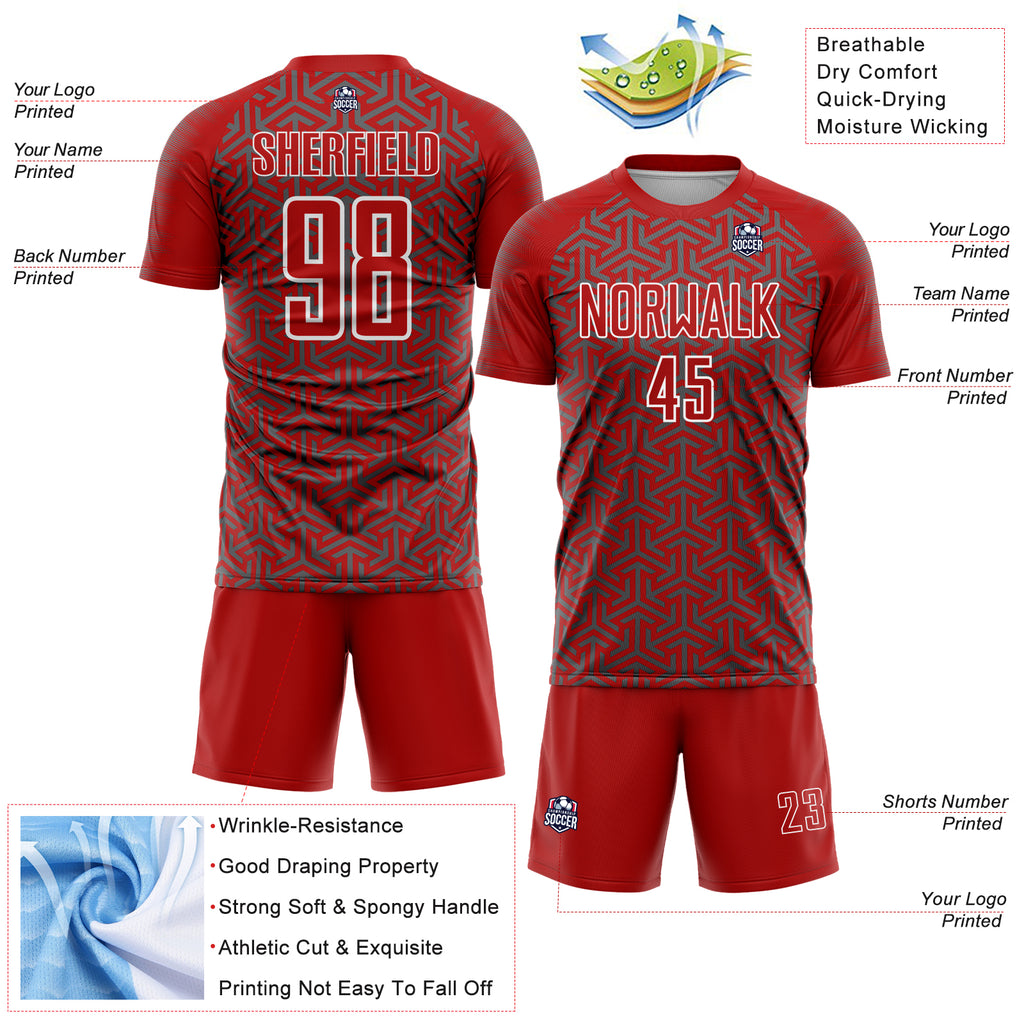 Custom Red Steel Gray-White Geometric Arrow Sublimation Soccer Uniform Jersey