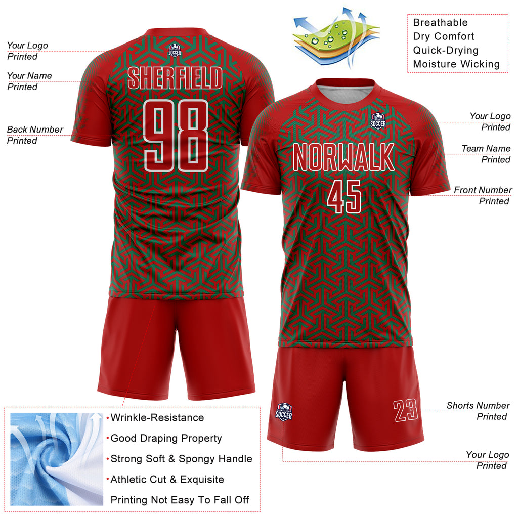 Custom Red Kelly Green-White Geometric Arrow Sublimation Soccer Uniform Jersey