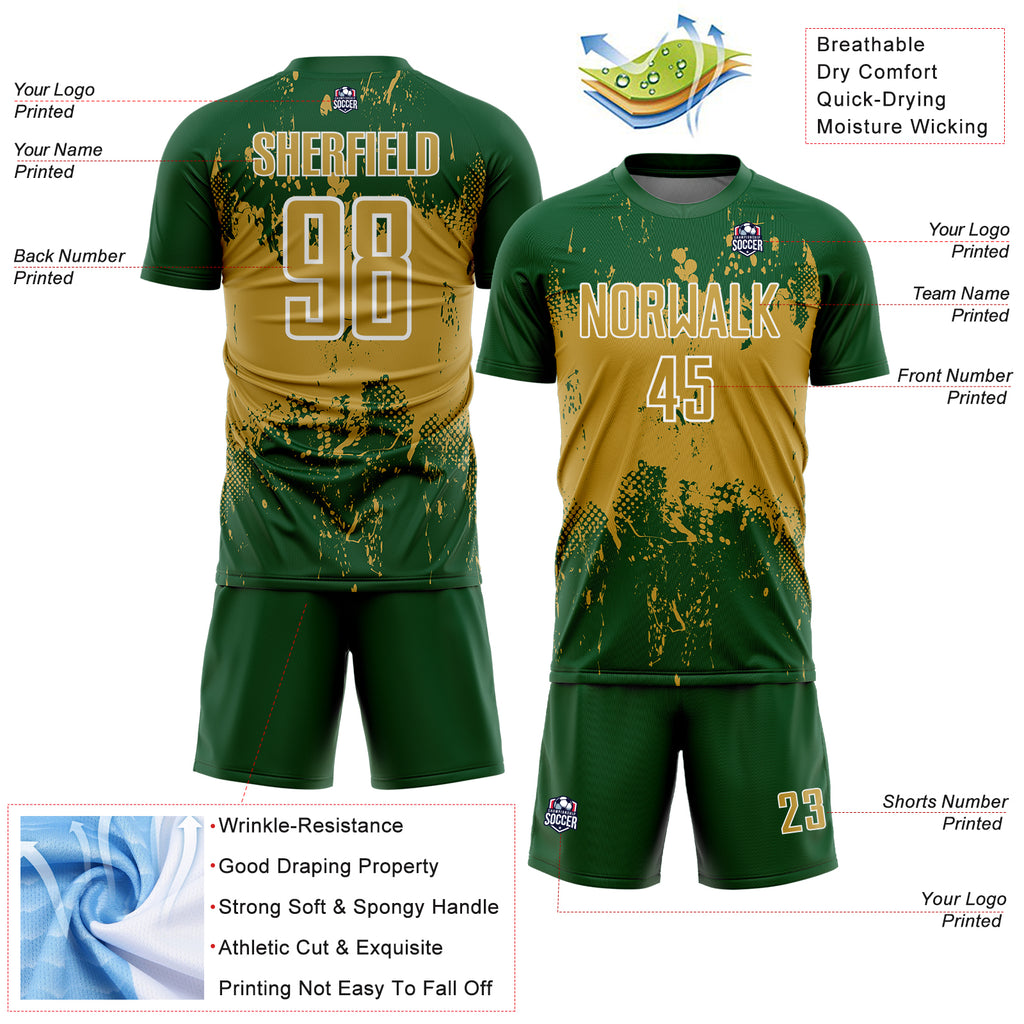 Custom Green Old Gold-White Abstract Splatter Grunge Art Sports Sublimation Soccer Uniform Jersey