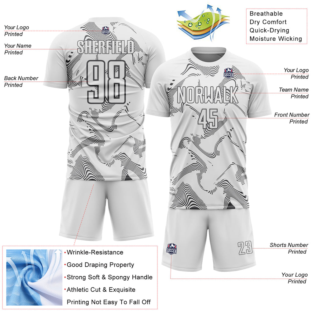 Custom White Steel Gray Curve Lines Sports Sublimation Soccer Uniform Jersey