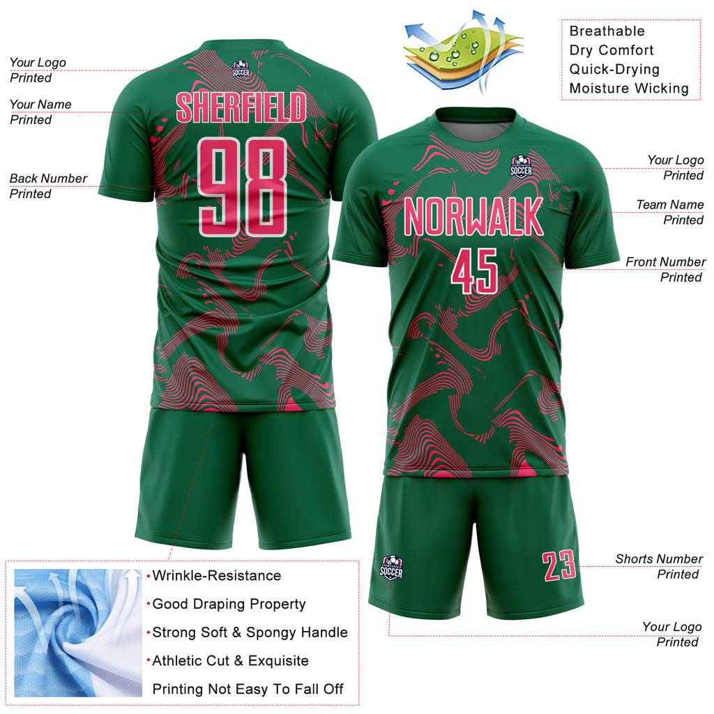 Custom Kelly Green Neon Pink-White Curve Lines Sports Sublimation Soccer Uniform Jersey