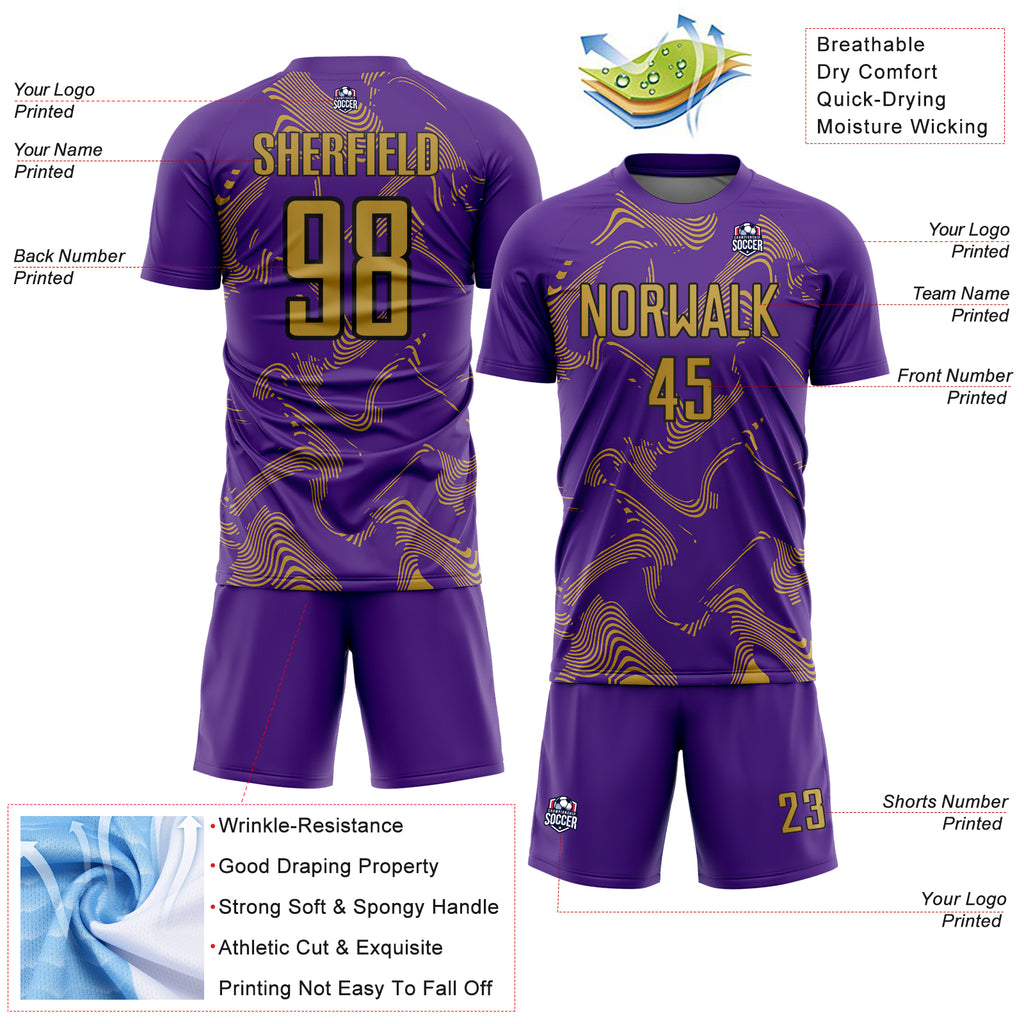 Custom Purple Old Gold-Black Curve Lines Sports Sublimation Soccer Uniform Jersey