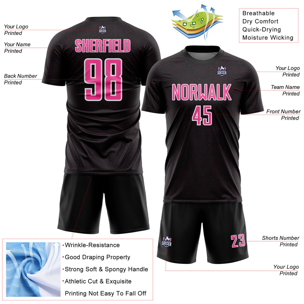 Custom Black Pink-White Geometric Shape Sports Sublimation Soccer Uniform Jersey