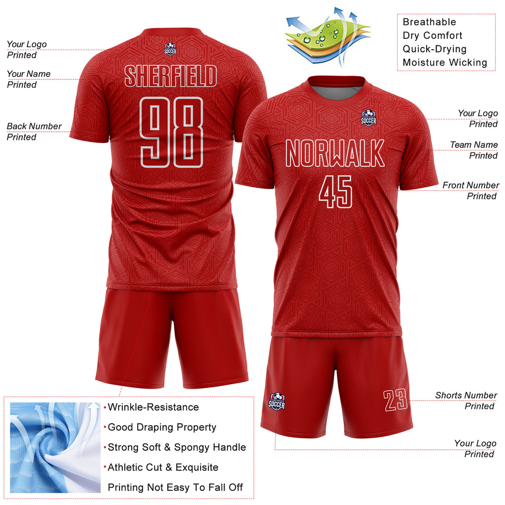Custom Red White Geometric Shape Sports Sublimation Soccer Uniform Jersey