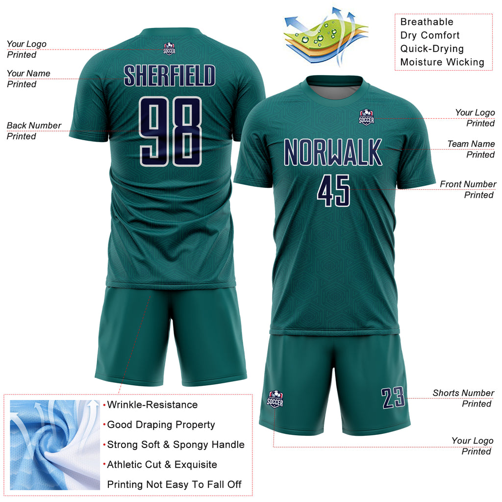 Custom Teal Navy-White Geometric Shape Sports Sublimation Soccer Uniform Jersey