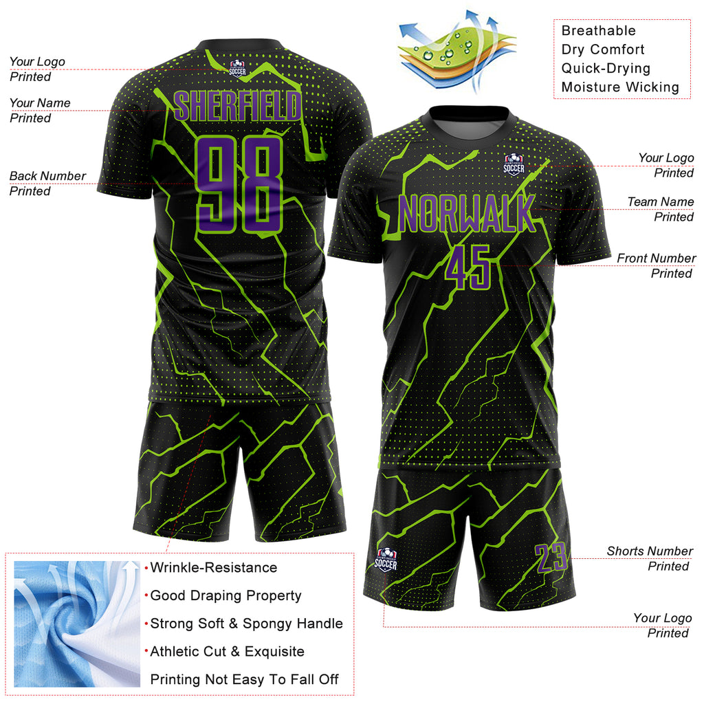Custom Black Purple-Neon Green Lightning Sports Sublimation Soccer Uniform Jersey