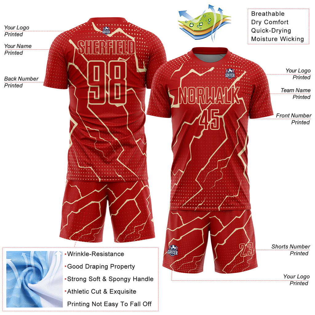 Custom Red Cream Lightning Sports Sublimation Soccer Uniform Jersey