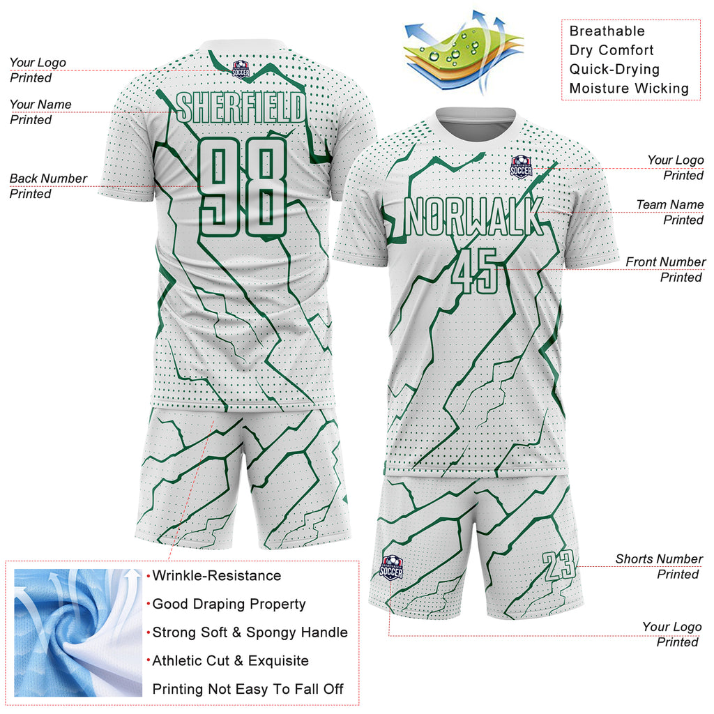 Custom White Kelly Green Lightning Sports Sublimation Soccer Uniform Jersey
