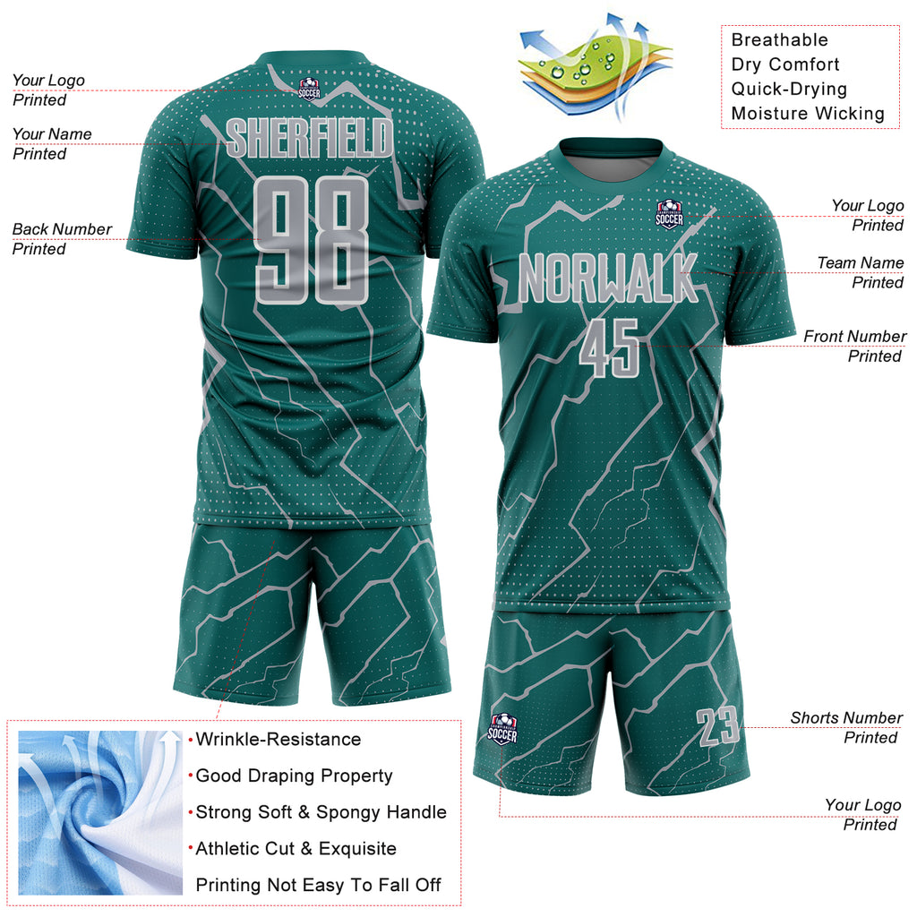Custom Teal Gray-White Lightning Sports Sublimation Soccer Uniform Jersey